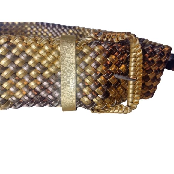 Wide Woven Faux Leather Gold Bronze Metallic Belt Vintage Boho Western Shiny - Picture 2 of 5